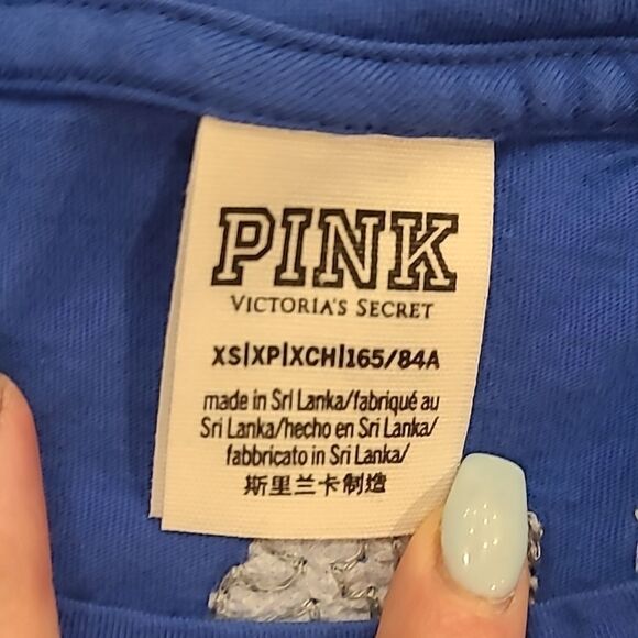 Pink by victoria secret blue‎ cropped long sleeve silver sequin logo shirt - Picture 2 of 5